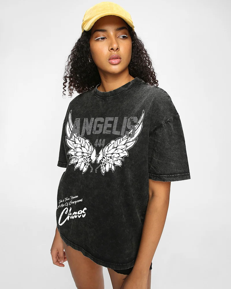 bewakoof Women's Black Angel Is Graphic Printed Oversized Acid Wash T-shirt